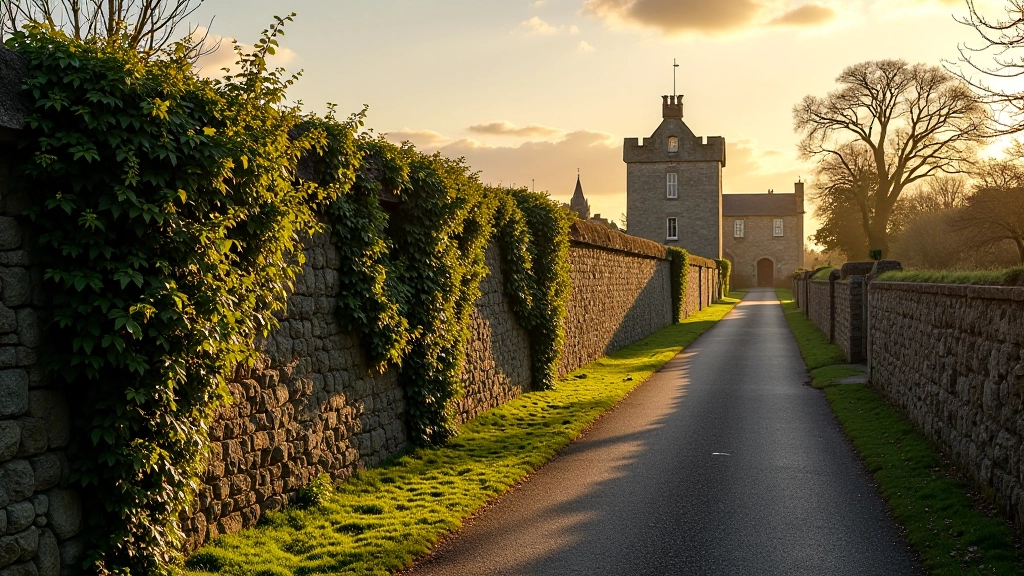 Stone medieval rampart walls with ivy, golden afternoon light casting long shadows