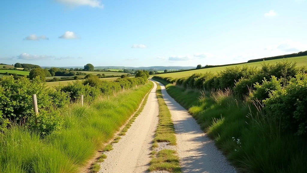 Scenic walking path winding through countryside with green hills and clear sky